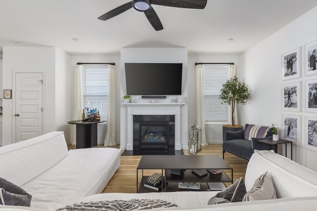 living room featuring light hardwood / wood-style flooring and ceiling fan