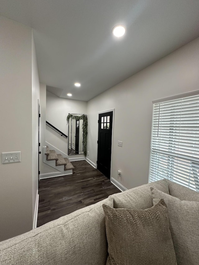 foyer entrance featuring a healthy amount of sunlight and dark hardwood / wood-style floors