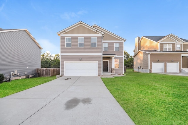 view of front facade featuring a front yard, a garage, and central air condition unit