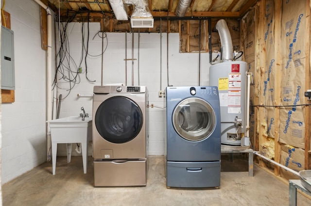 laundry room featuring washing machine and dryer, water heater, and electric panel