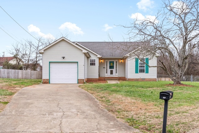 single story home featuring a garage and a front lawn