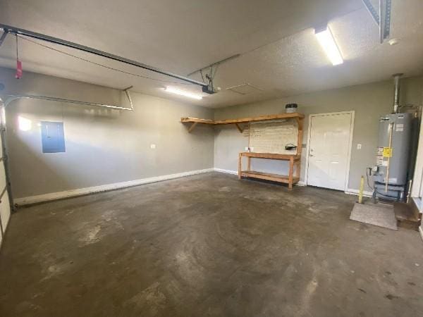 garage with electric panel, water heater, and a garage door opener