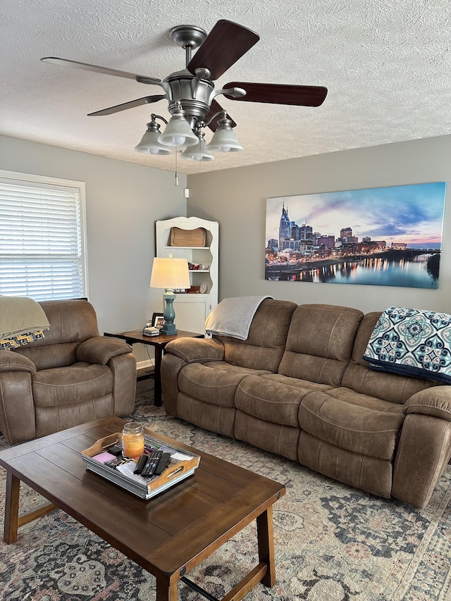 living room with a textured ceiling