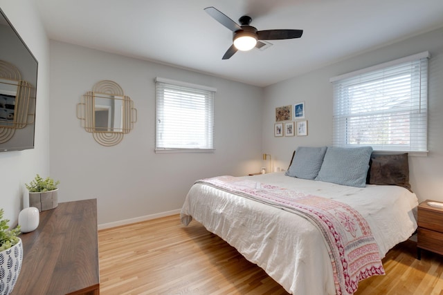 bedroom featuring ceiling fan and light wood-type flooring