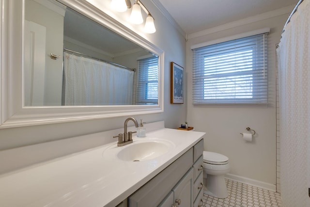 bathroom with a shower with curtain, vanity, and toilet