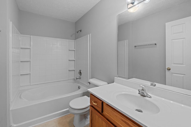 full bathroom with vanity, shower / bathing tub combination, a textured ceiling, and toilet