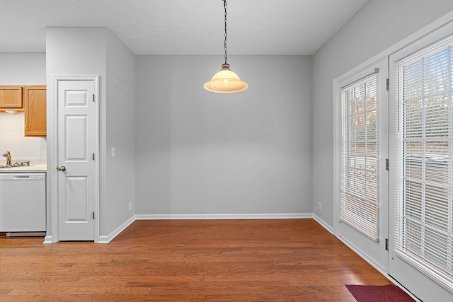 unfurnished dining area with light hardwood / wood-style floors and sink