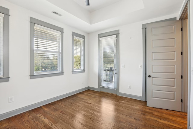 spare room with a raised ceiling and dark wood-type flooring