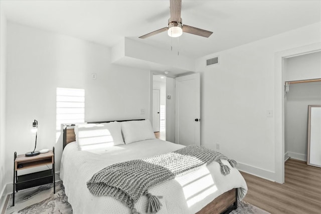 bedroom with a walk in closet, ceiling fan, a closet, and light hardwood / wood-style flooring