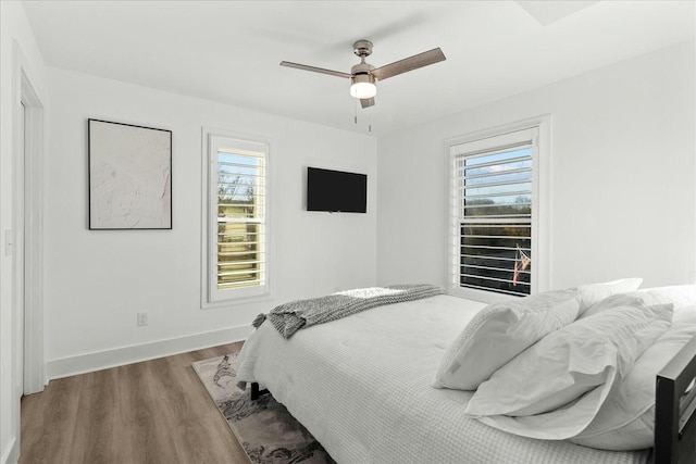 bedroom featuring hardwood / wood-style flooring, ceiling fan, and multiple windows