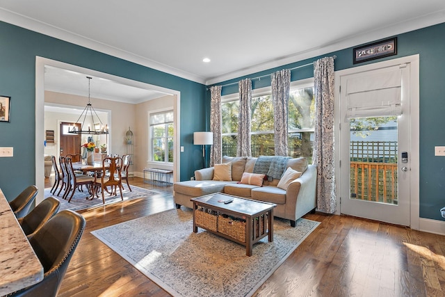 living room featuring dark hardwood / wood-style flooring, ornamental molding, and an inviting chandelier