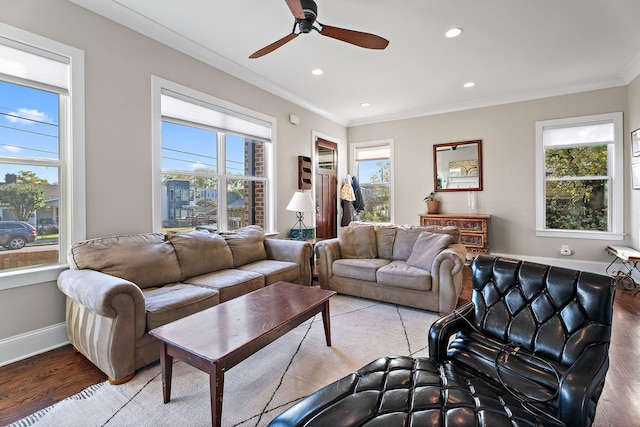 living room with ceiling fan, light hardwood / wood-style floors, and ornamental molding