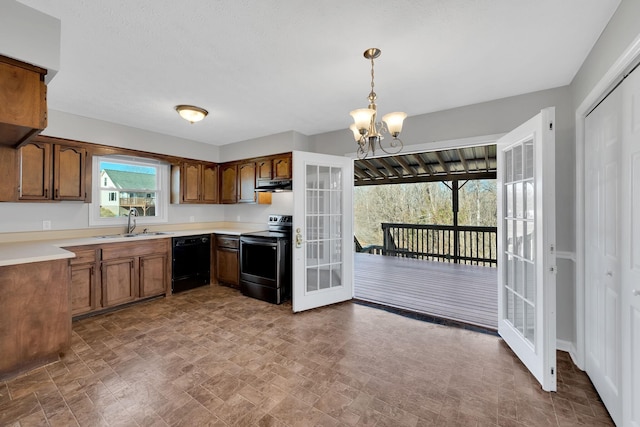 kitchen with dishwasher, french doors, sink, decorative light fixtures, and electric range oven