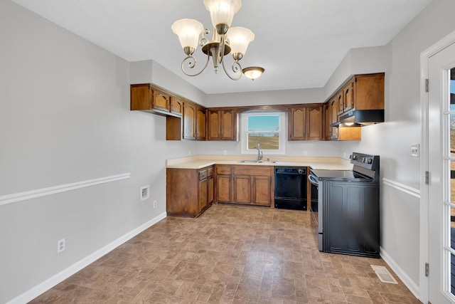 kitchen with sink, black dishwasher, electric range oven, a chandelier, and decorative light fixtures