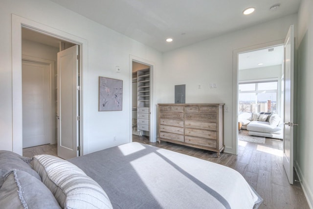 bedroom with a walk in closet, a closet, and dark hardwood / wood-style flooring