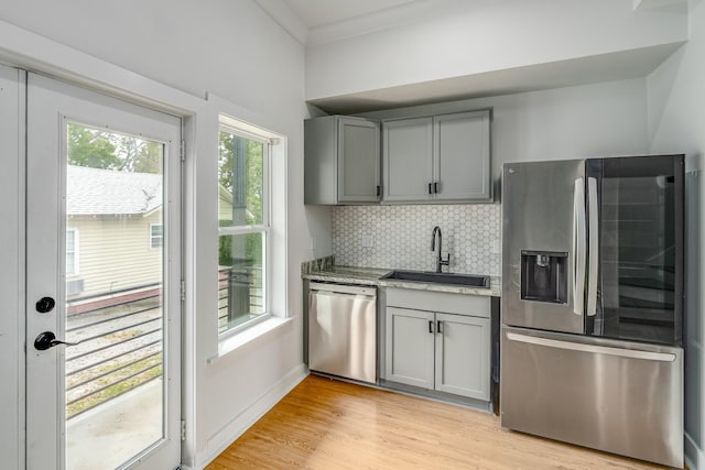 kitchen with backsplash, gray cabinets, sink, and stainless steel appliances