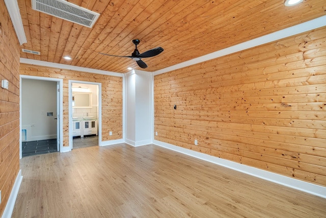 spare room featuring wood walls, light hardwood / wood-style flooring, ceiling fan, and wood ceiling