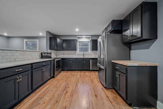 kitchen featuring decorative backsplash, sink, light hardwood / wood-style floors, and appliances with stainless steel finishes