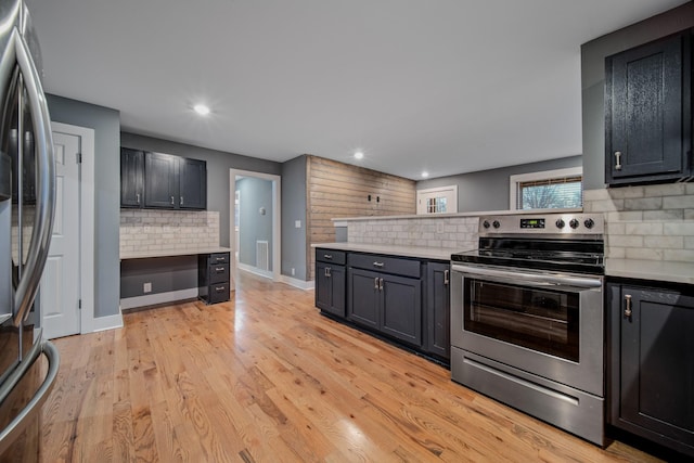 kitchen with decorative backsplash, appliances with stainless steel finishes, and light hardwood / wood-style floors