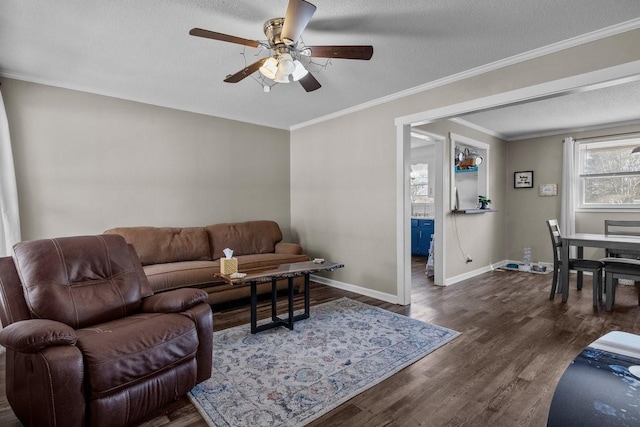 living room featuring ceiling fan, crown molding, dark wood-type flooring, and a textured ceiling