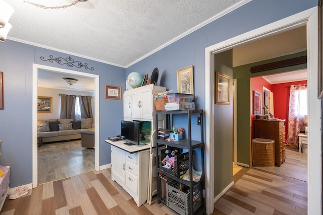 office area with crown molding, light hardwood / wood-style flooring, and a textured ceiling