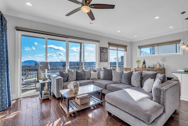 living room featuring crown molding, dark hardwood / wood-style flooring, and ceiling fan