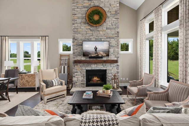 living room featuring hardwood / wood-style floors, a fireplace, and high vaulted ceiling