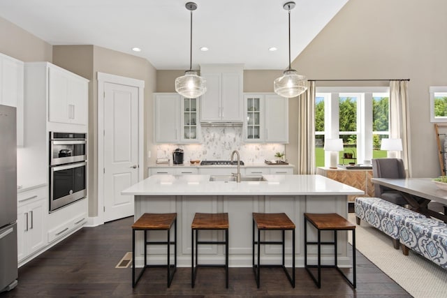 kitchen with backsplash, stainless steel appliances, sink, white cabinets, and an island with sink