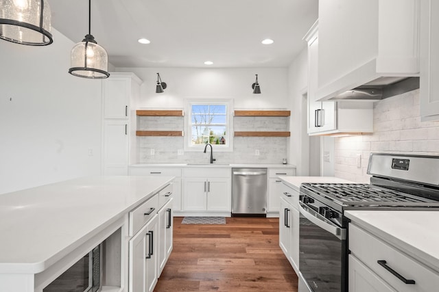 kitchen featuring tasteful backsplash, stainless steel appliances, white cabinetry, and premium range hood