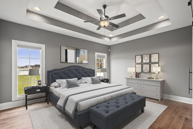 bedroom with a raised ceiling, ceiling fan, and wood-type flooring