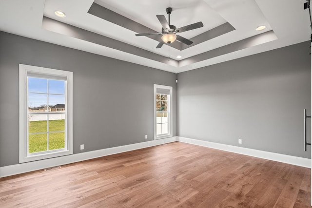 empty room with a raised ceiling, a healthy amount of sunlight, and light wood-type flooring