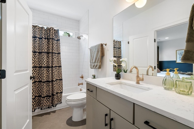 full bathroom with tile patterned flooring, vanity, toilet, and shower / bathtub combination with curtain