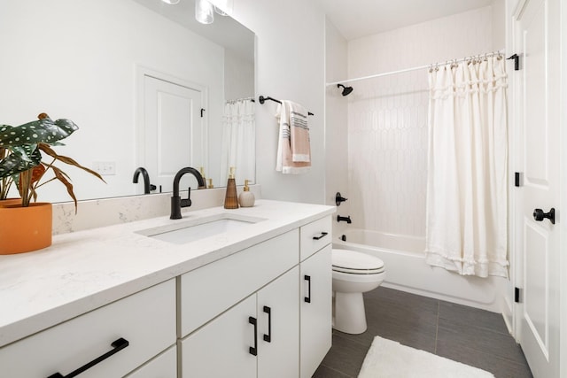 full bathroom featuring tile patterned floors, vanity, toilet, and shower / bathtub combination with curtain