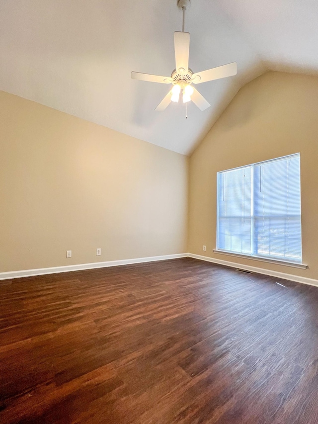 empty room with vaulted ceiling and ceiling fan