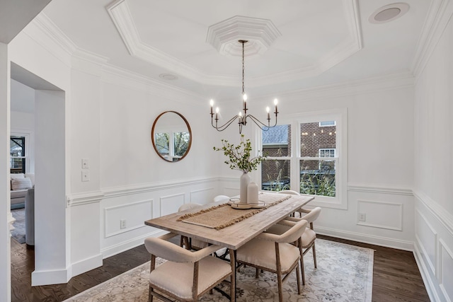 dining area with dark hardwood / wood-style flooring, a tray ceiling, and an inviting chandelier