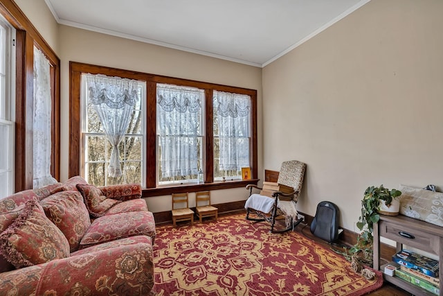 living area with crown molding