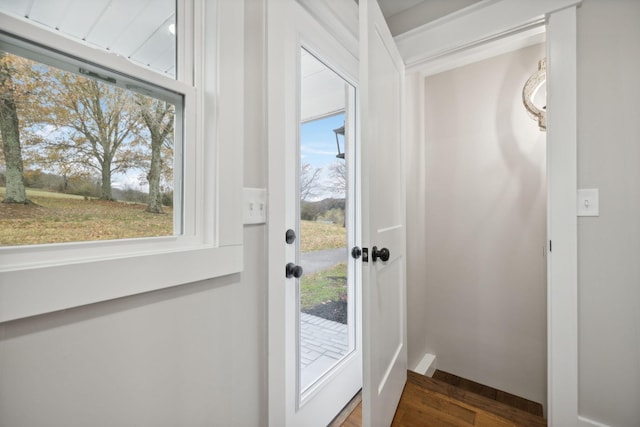 doorway featuring dark wood-type flooring