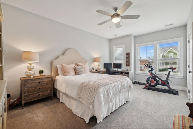 bedroom featuring ceiling fan and carpet floors