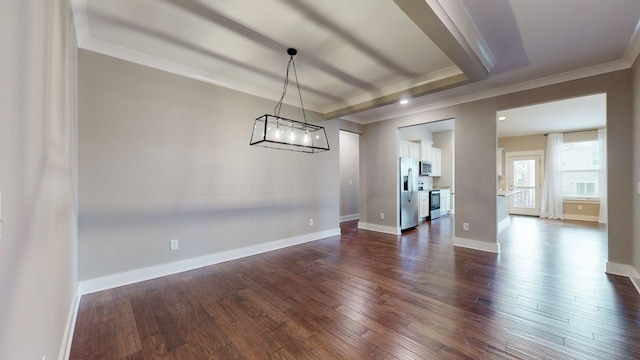 unfurnished dining area with dark hardwood / wood-style floors, a raised ceiling, and ornamental molding