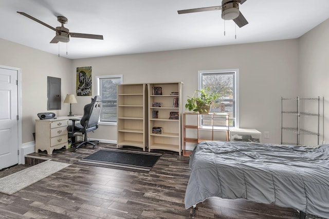 bedroom featuring electric panel, ceiling fan, and dark wood-type flooring