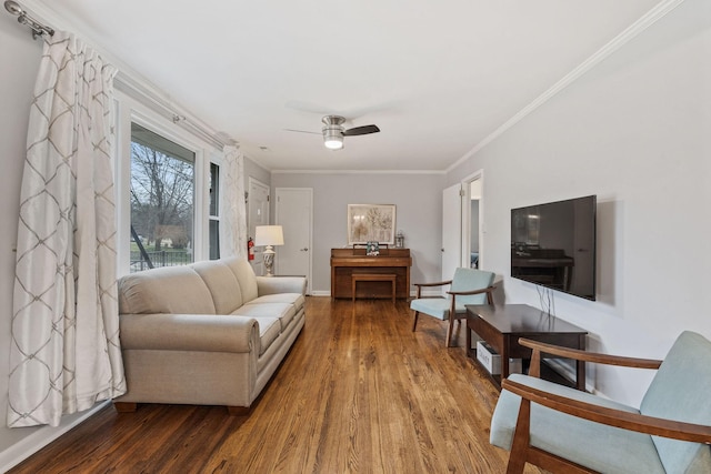 living room featuring hardwood / wood-style floors, ceiling fan, and crown molding