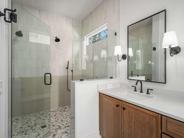 bathroom featuring vanity and a shower with shower door