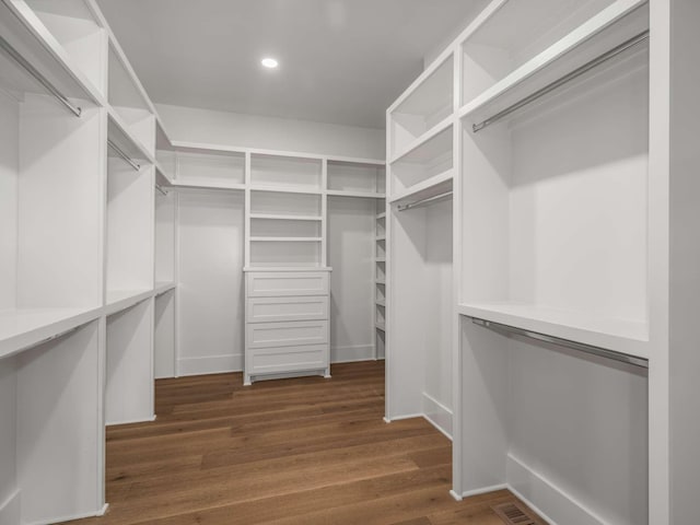 walk in closet with dark hardwood / wood-style flooring