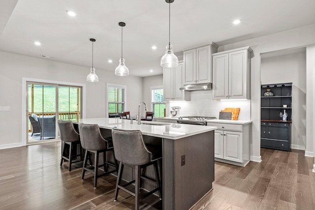 kitchen featuring stainless steel gas range, hanging light fixtures, dark hardwood / wood-style floors, a kitchen island with sink, and white cabinets