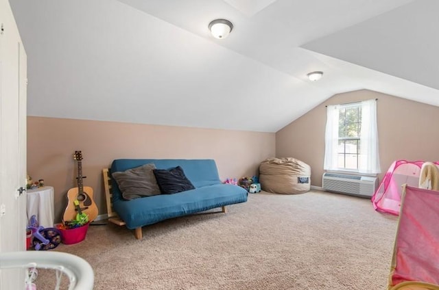 rec room featuring carpet flooring and lofted ceiling