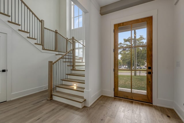 entrance foyer with a wealth of natural light and light hardwood / wood-style flooring