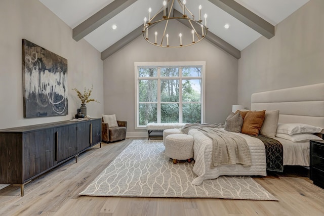 bedroom featuring light hardwood / wood-style floors, high vaulted ceiling, beam ceiling, and a chandelier