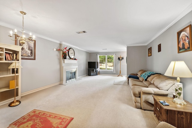 carpeted living room featuring ornamental molding and a notable chandelier