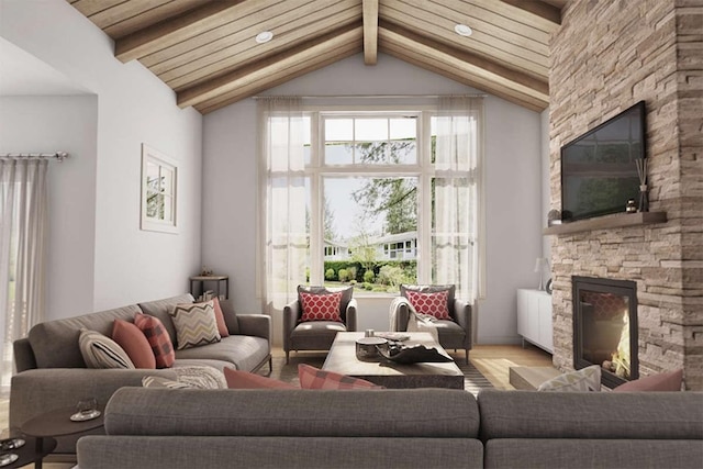 living room with wooden ceiling, radiator, a stone fireplace, vaulted ceiling with beams, and wood-type flooring