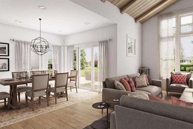 living room featuring vaulted ceiling with beams, wooden ceiling, a chandelier, and light wood-type flooring